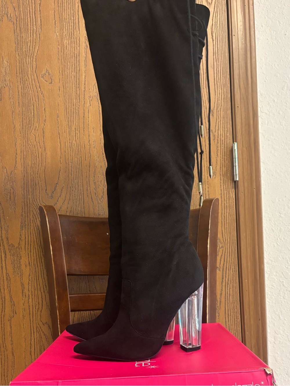 Black Over-the-Knee Clear Block Heel Boots